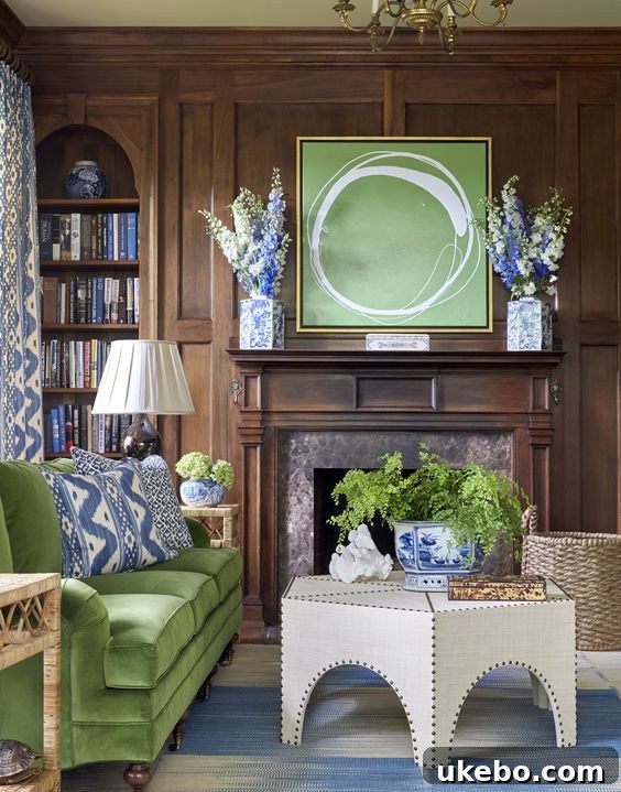 Elegant living room with a green velvet sofa and botanical elements