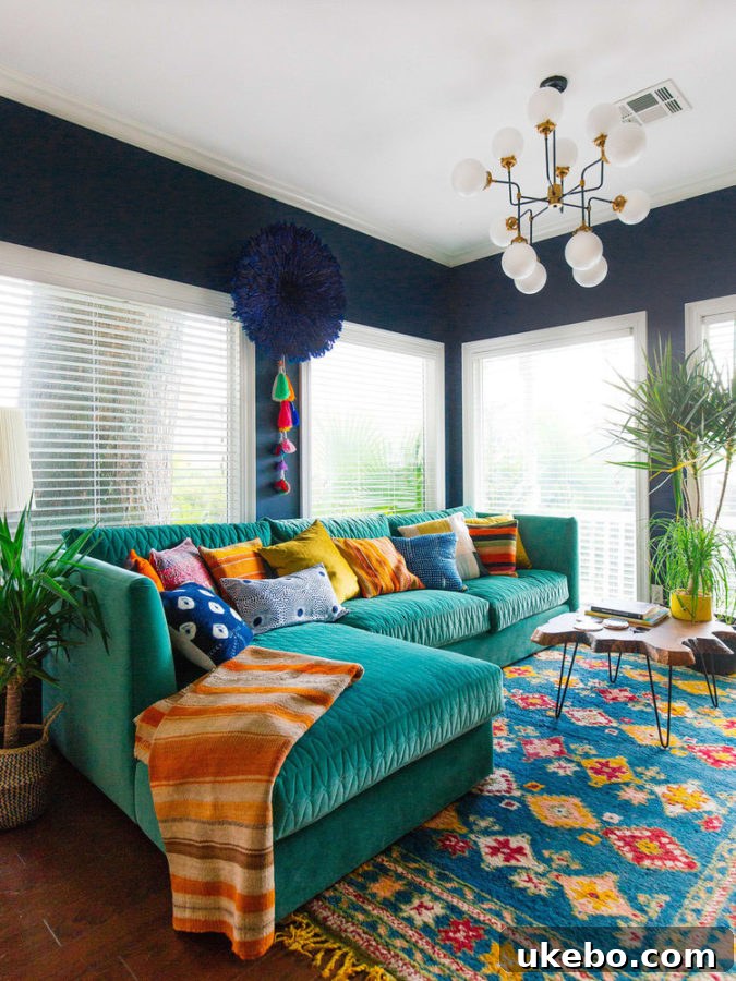 Bohemian living room with a large macrame wall hanging featuring long tassels, adding texture and a relaxed vibe.
