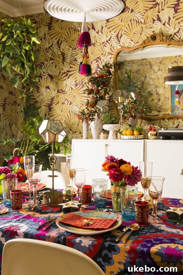 Vibrant and colorful dining table setting with a patterned tablecloth and various decorative elements, including hints of tassels on textiles and other accents, creating a festive atmosphere.