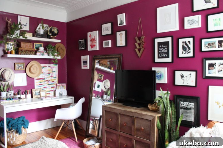 Detail shot of Megan's curated decor on a shelf, showcasing plants and books in her small home.