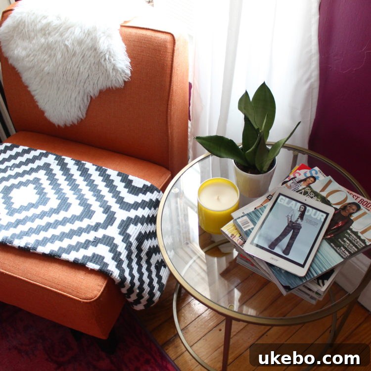 A comfortable and functional seating area in Megan's apartment, designed for family living.