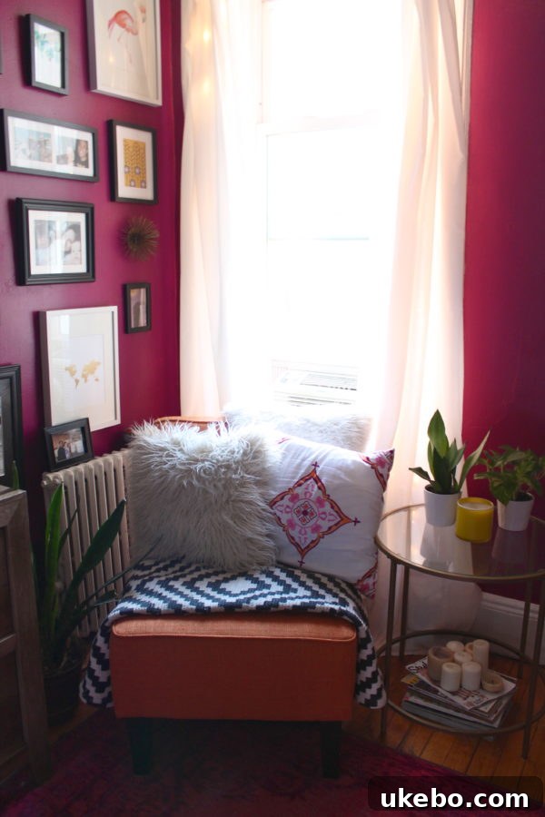 A full view of Megan's charming and organized living space, demonstrating smart furniture placement.