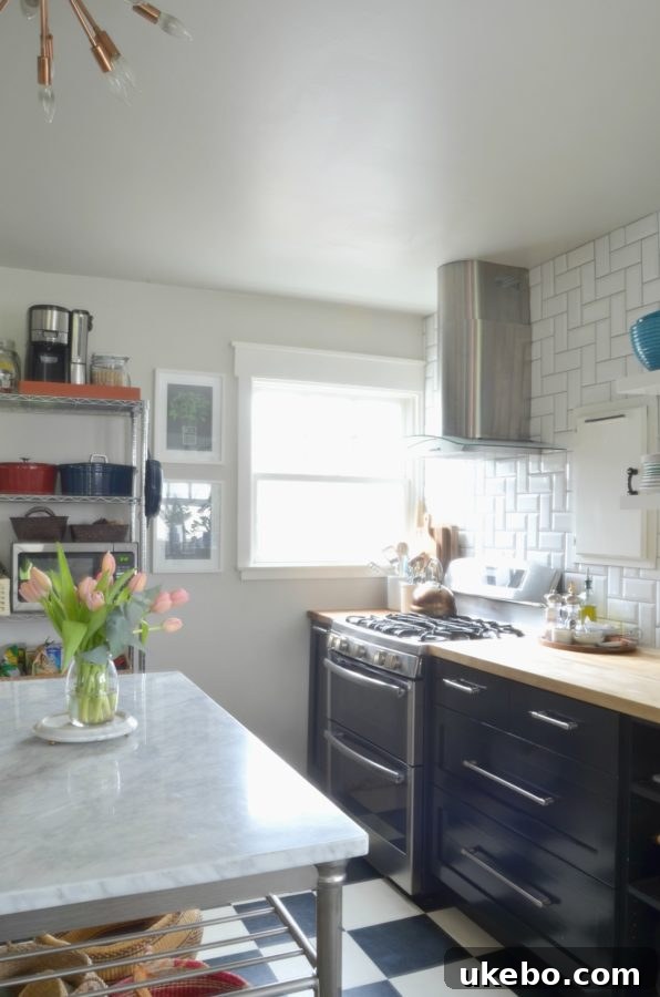 Modern kitchen view with new lighting and shelves