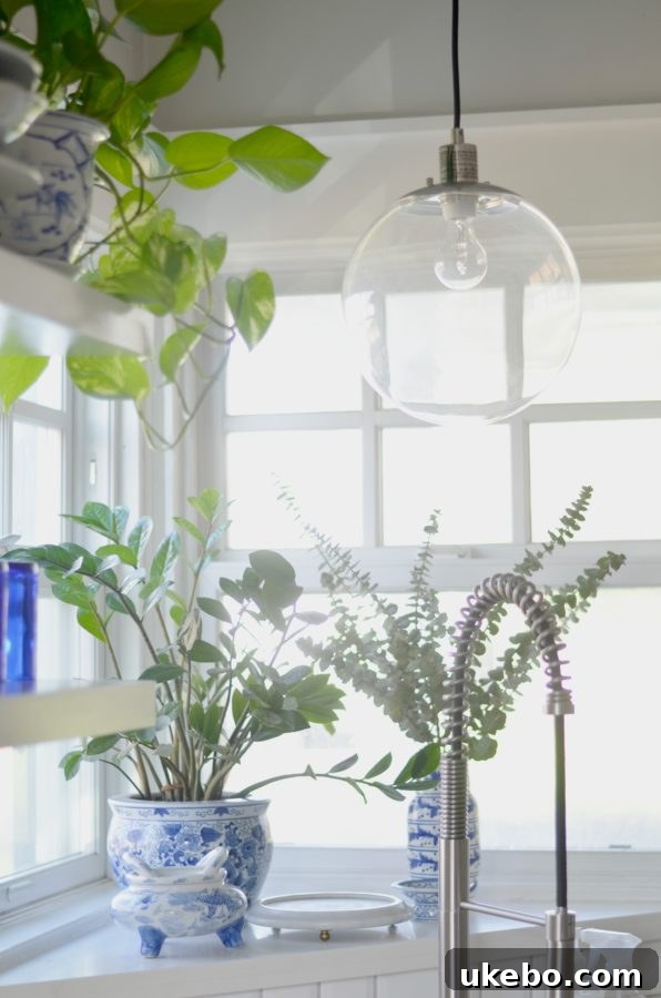 Clear glass globe pendant light over kitchen sink