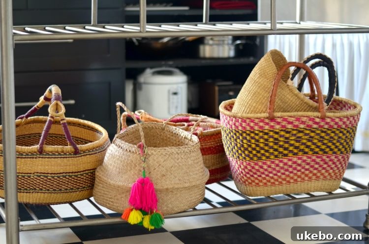 Marble top kitchen island with decorative baskets