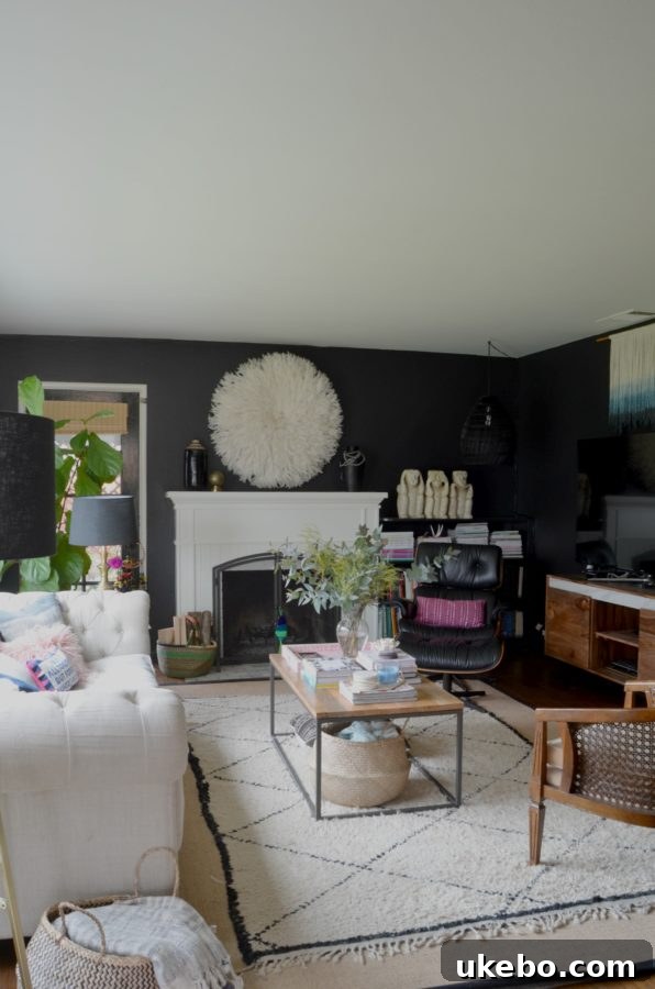 Bungalow Living Room Refresh 7 Cozy living room corner with black walls and natural light