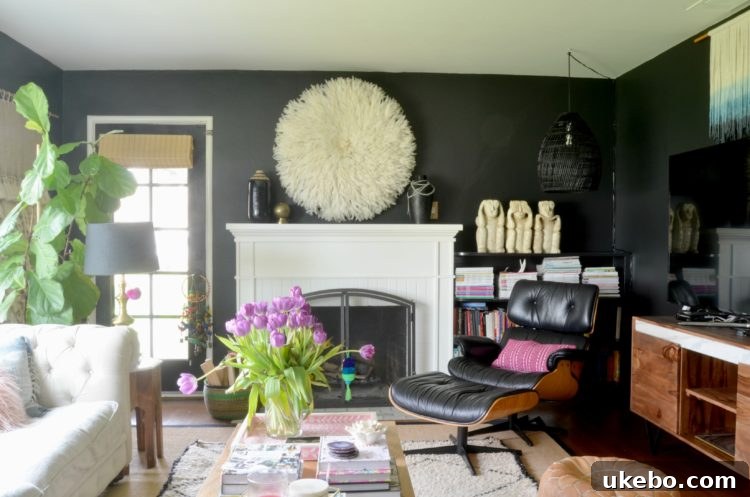 Bungalow Living Room Refresh 8 Living room sofa against a deep black wall