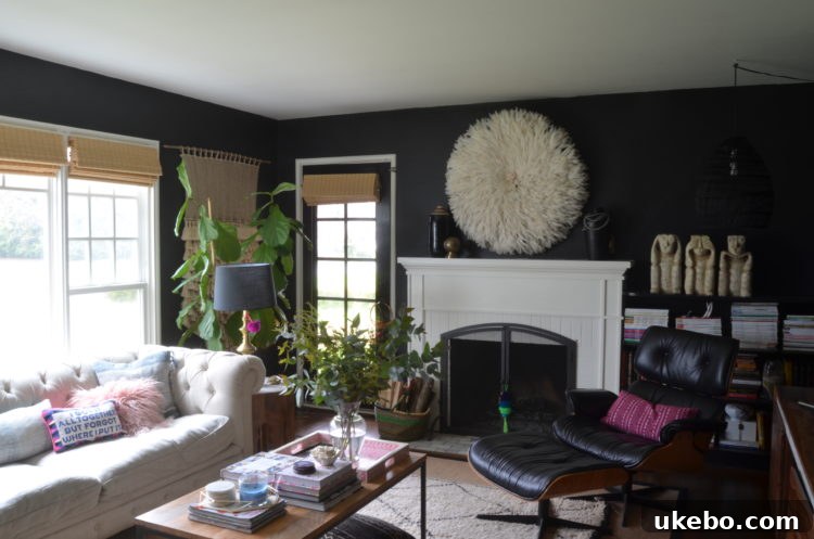 Bungalow Living Room Refresh 9 Styled coffee table in front of black walls