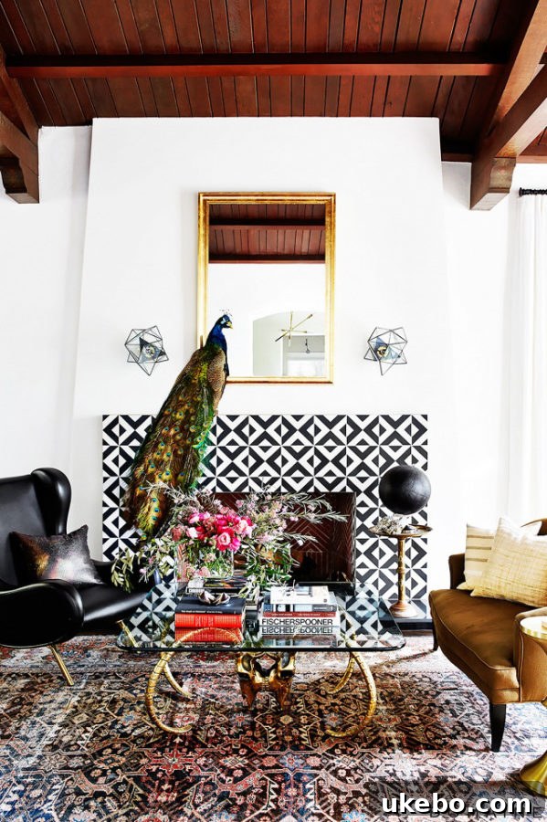 Modern fireplace with graphic black and white patterned tiles