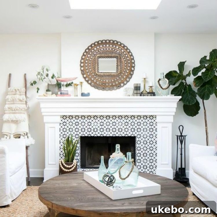 Classically Spanish Mediterranean fireplace with colorful patterned tiles