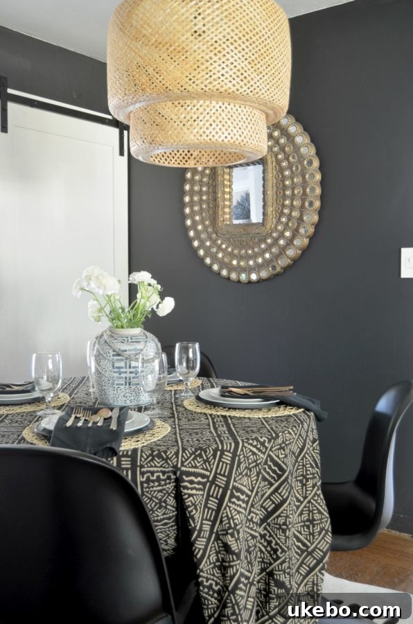 Close-up of mudcloth tablecloth on dining table