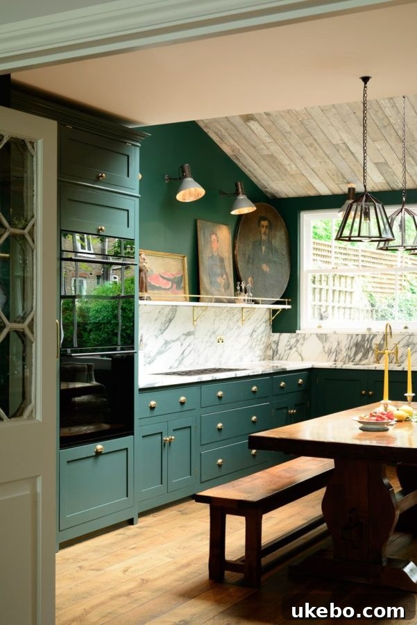 Close-up of emerald green kitchen cabinets