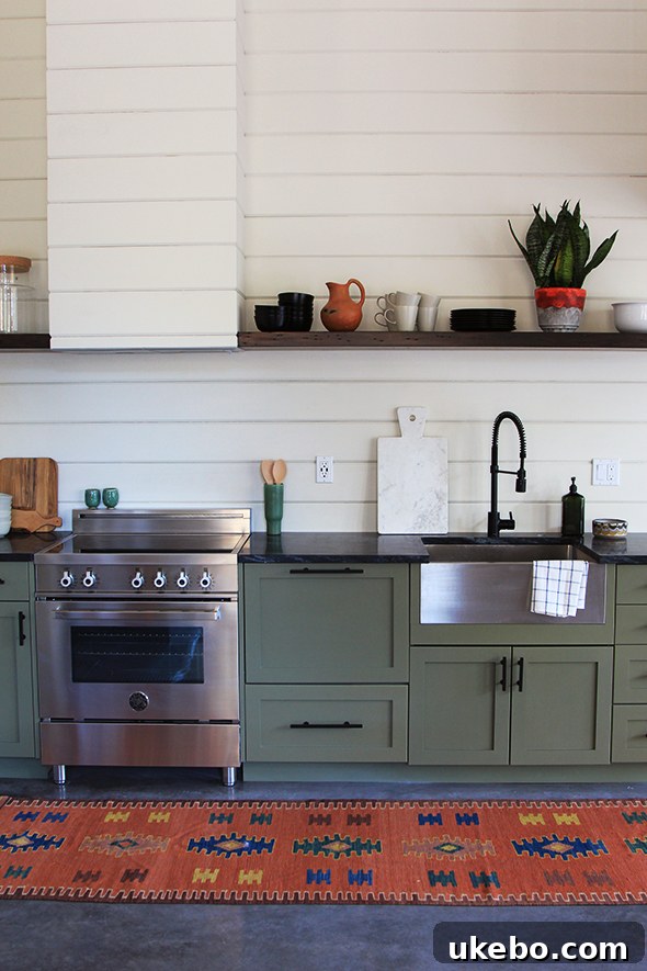 Boho inspired olive green kitchen