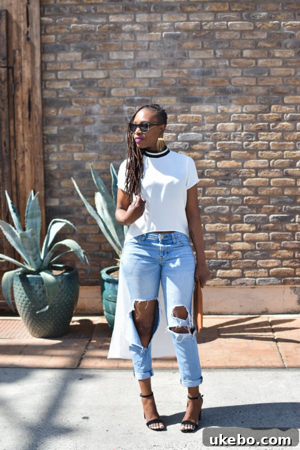 Full body shot of the casual-chic ensemble, perfect for weekend outings.