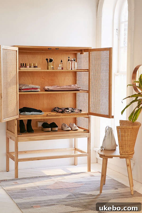 Interior view of the Urban Outfitters Rattan Cabinet, showing ample storage space