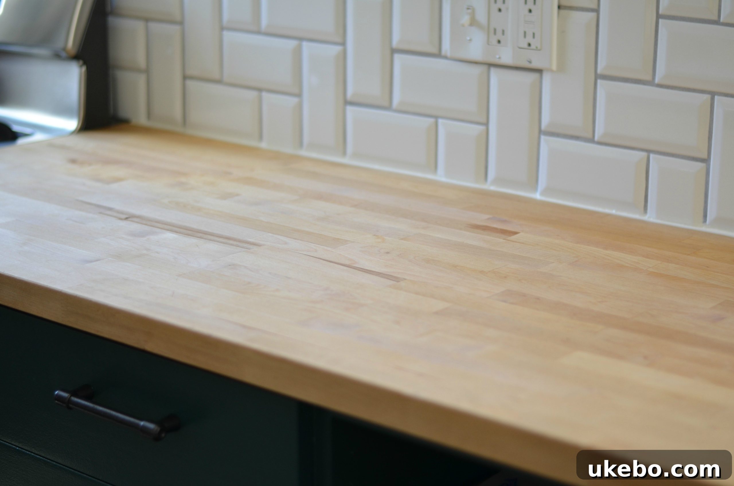 A clean and dry butcher block countertop, ready for the next step of maintenance.