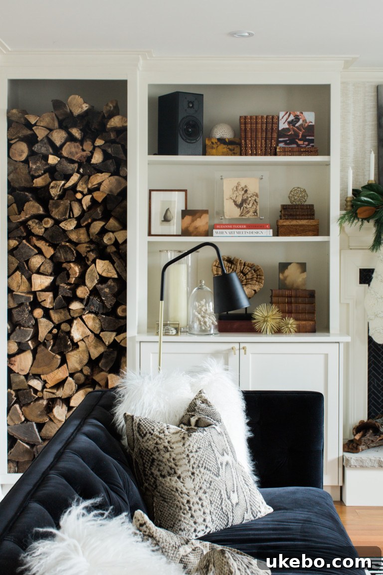 contemporary fireplace, wood storage niche