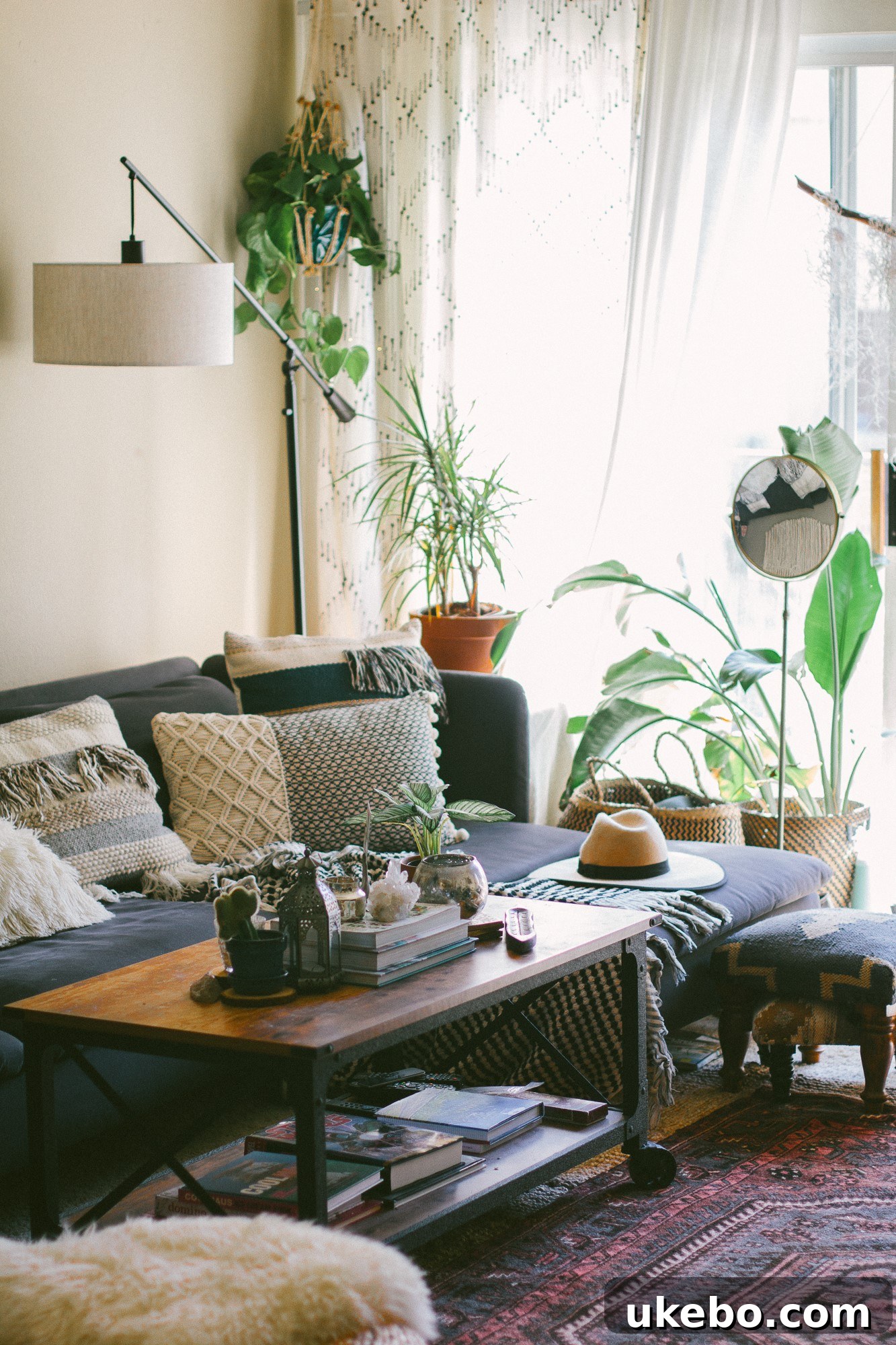 Detailed shot of a styled bookshelf with plants and decorative items