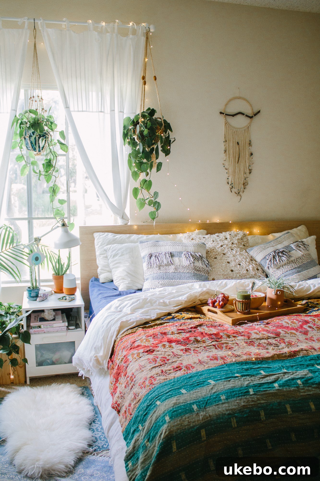 Sara's bedroom with a king-size bed, featuring bohemian bedding and wall art