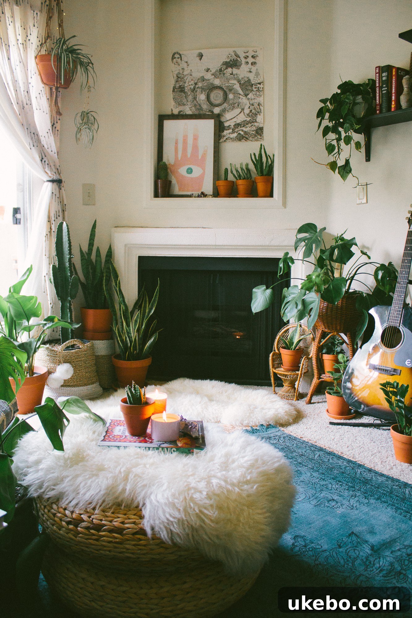 Close-up of bohemian inspired decor on a mantelpiece