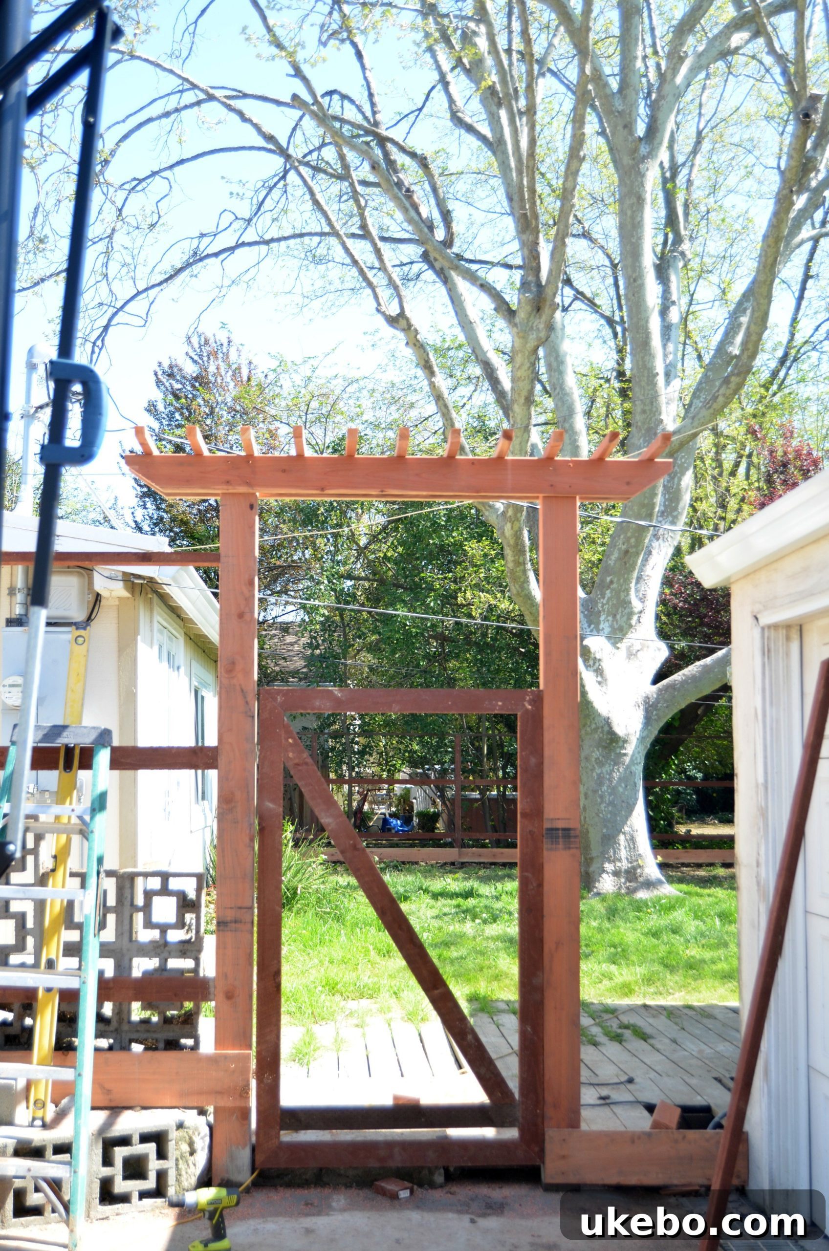 View of the main backyard entrance with the new redwood fence, gate, and arbor.