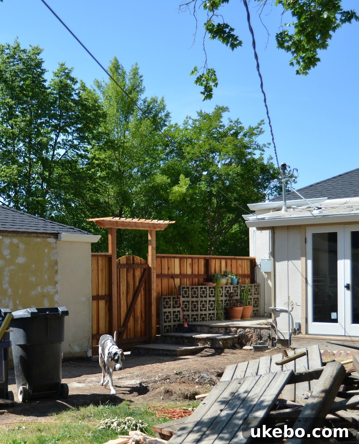 Close-up of the arbor's trellis, showing potential for decorative elements.