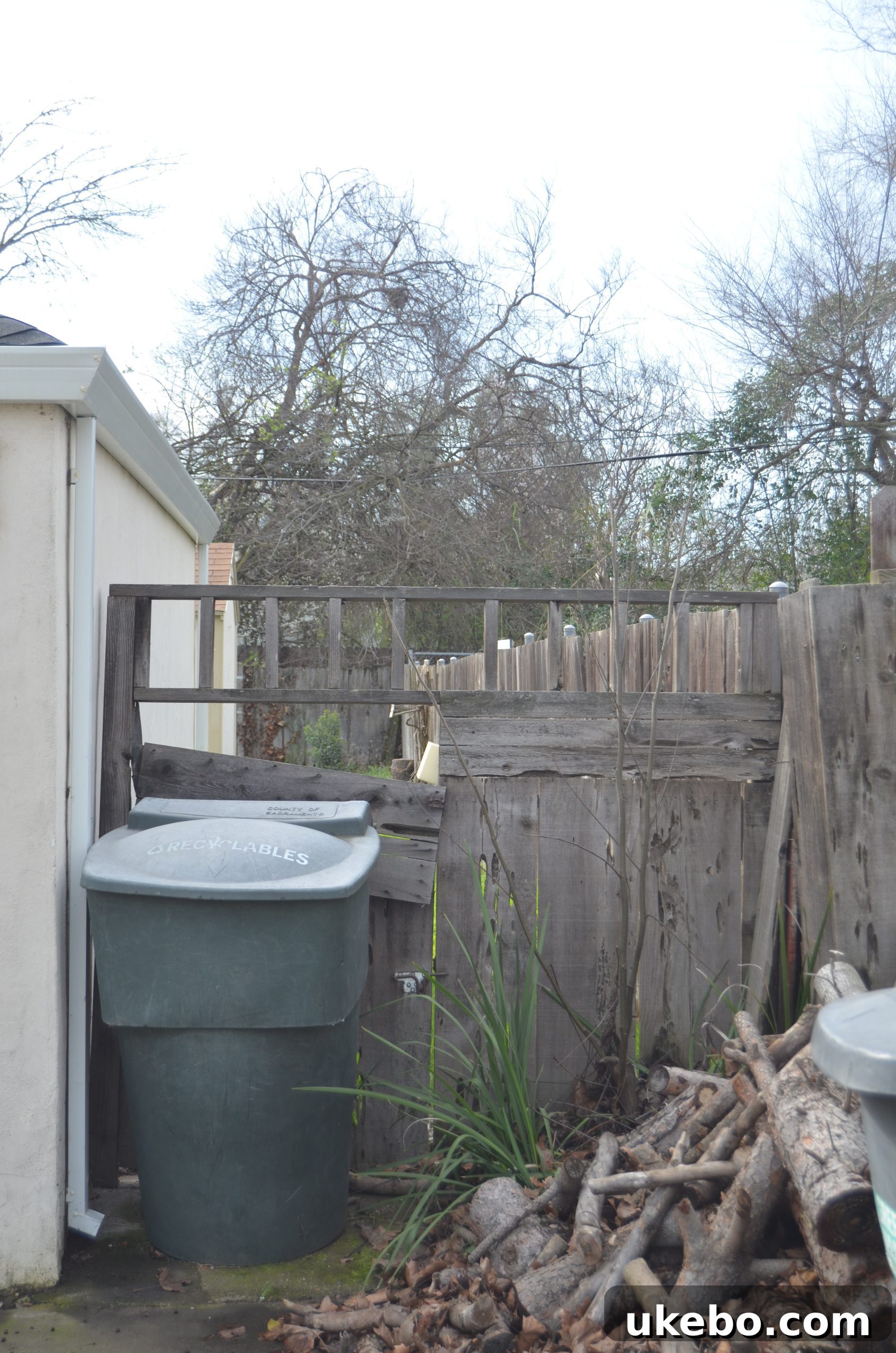 Old, dilapidated gate and wasted space beside the garage before renovation.