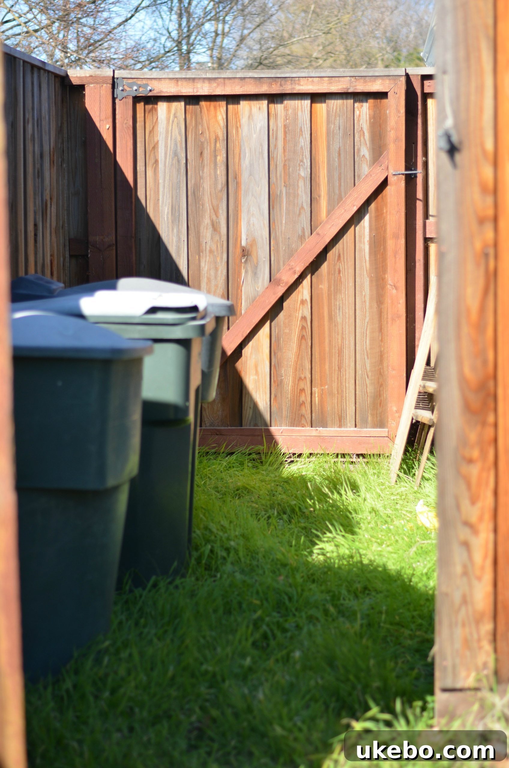 Wide redwood gate allowing easy access to waste bins from within the backyard.