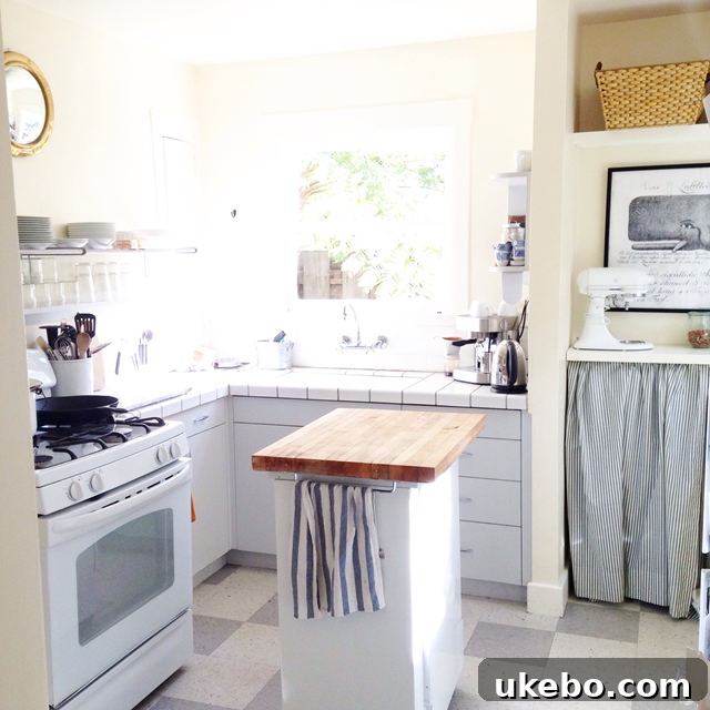 Vintage kitchen with a portable dishwasher topped with butcher block acting as a functional island, showcasing practical small space solutions.