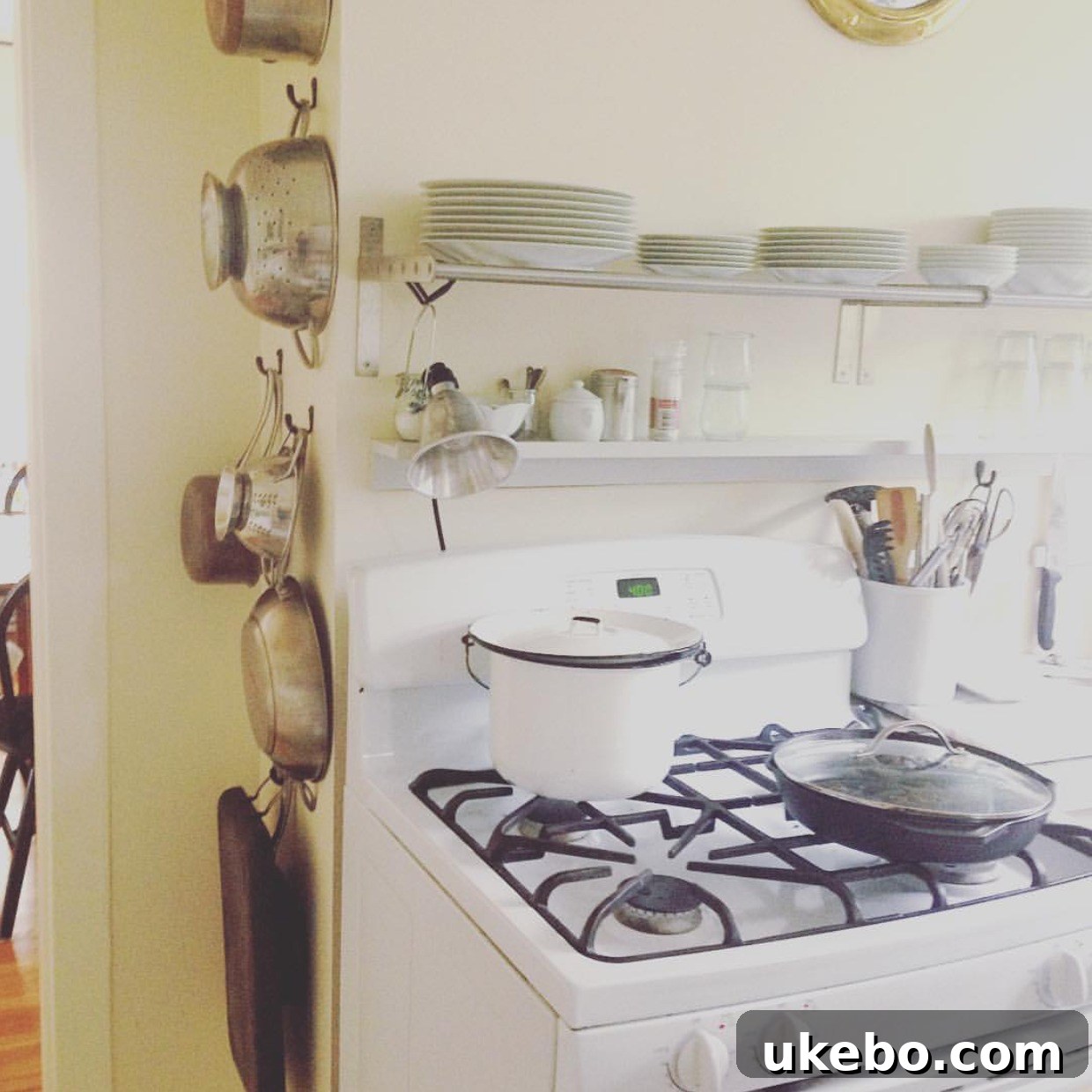 Kitchen wall adorned with hanging pots and pans, a practical and aesthetic solution for limited storage space, adding to the room's character.