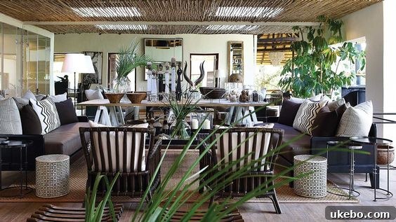 Luxury safari lodge interior with warm neutrals and natural textures