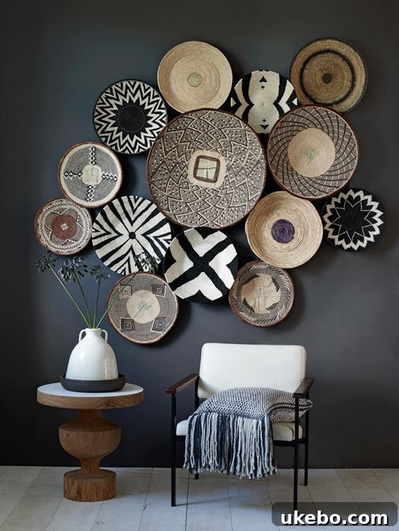Dark bohemian living room with patterned rug and plants
