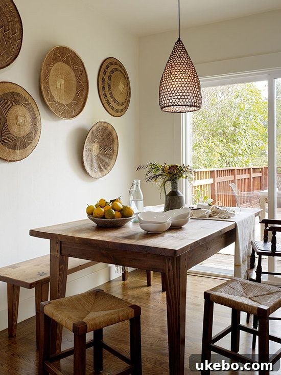 Cozy living area with African baskets and simple white walls