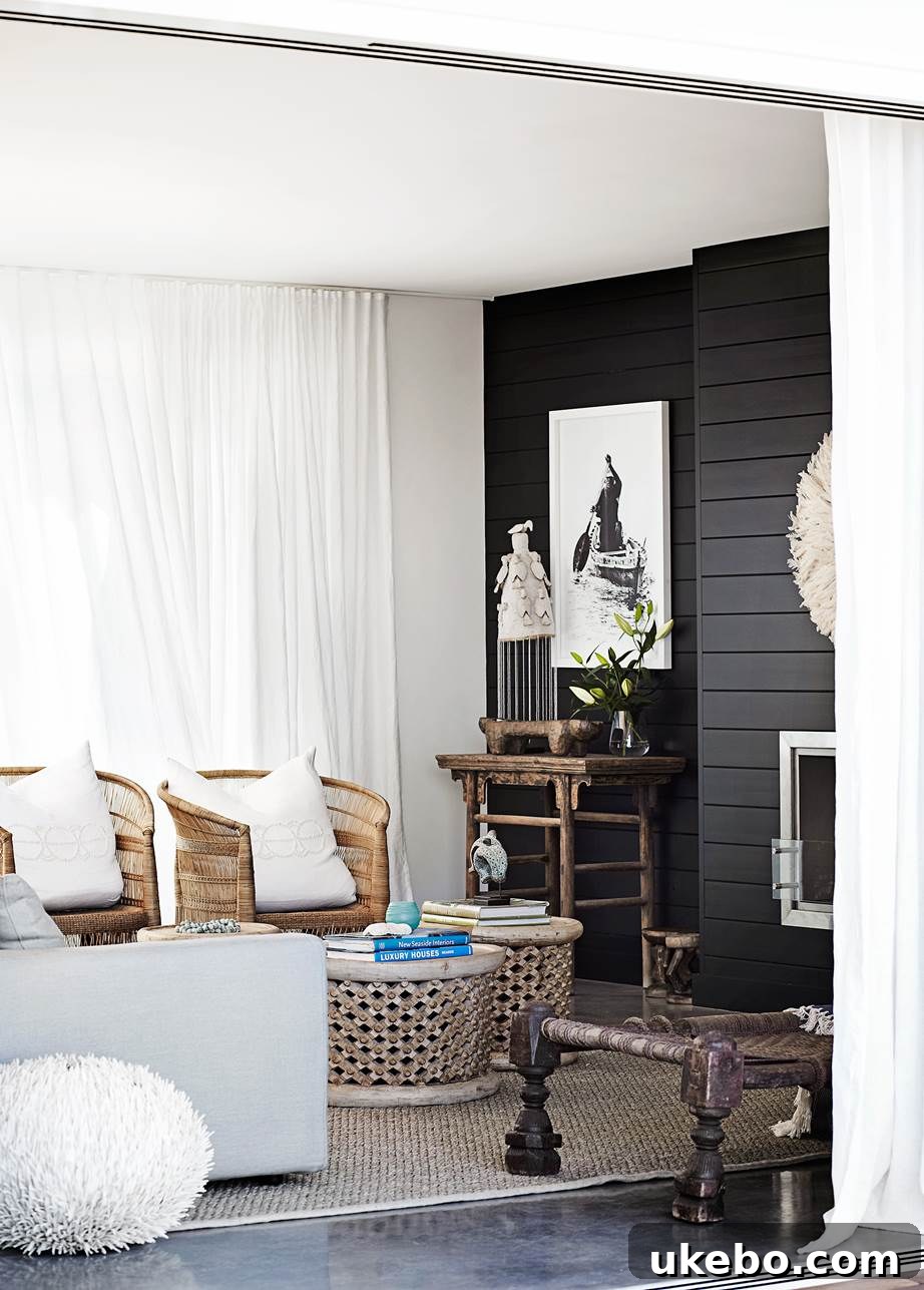 Bedroom with warm lighting, textiles, and a woven headboard
