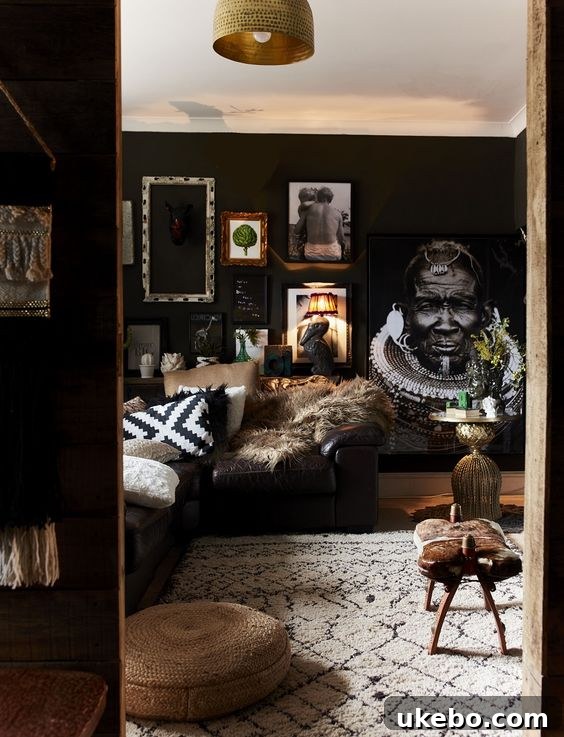 Moody interior with dark walls and natural wood furniture
