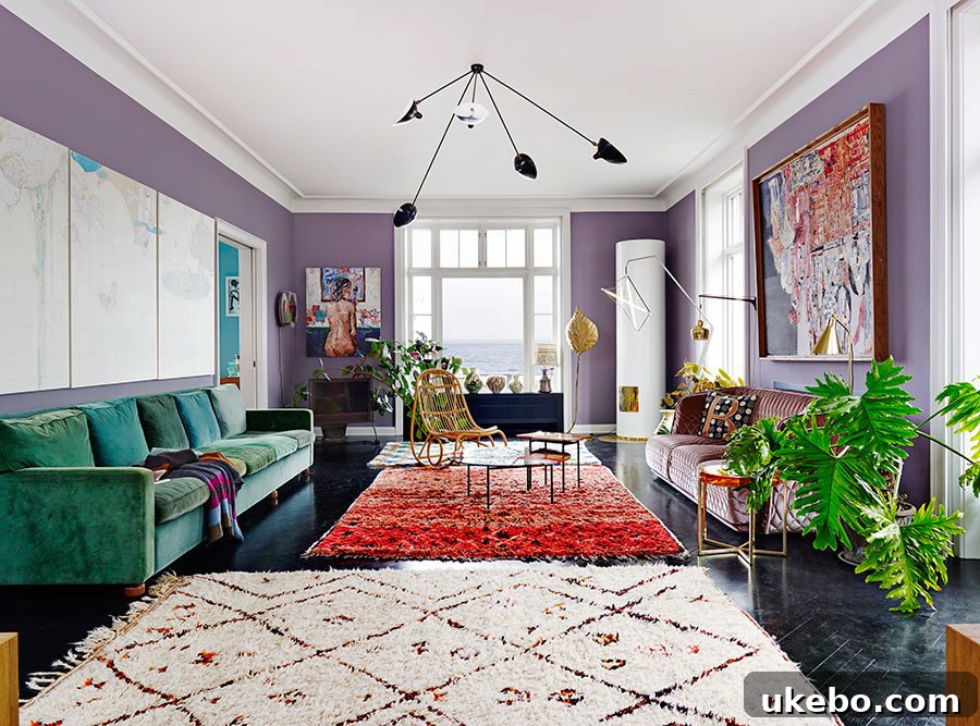 A vibrant purple velvet sofa anchoring a stylish living room with contemporary art and neutral walls.
