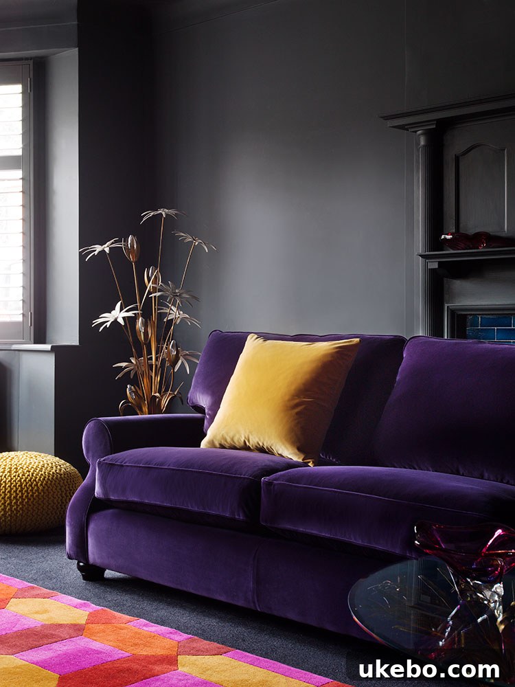 A luxurious living room featuring a grand purple velvet sofa, blending seamlessly with classic architecture and warm lighting.