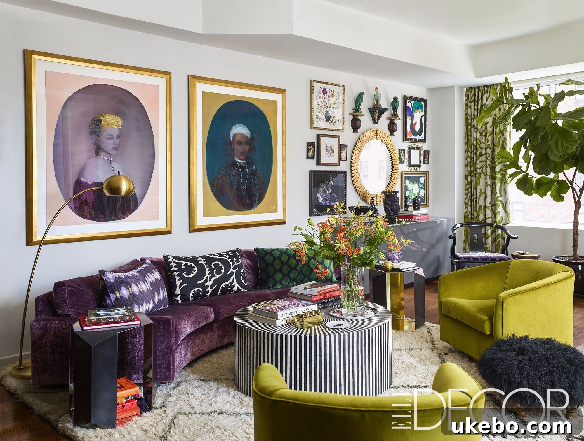 A chic and vibrant lounge area with a bold purple sofa, surrounded by rich textures and complementary accent pieces.
