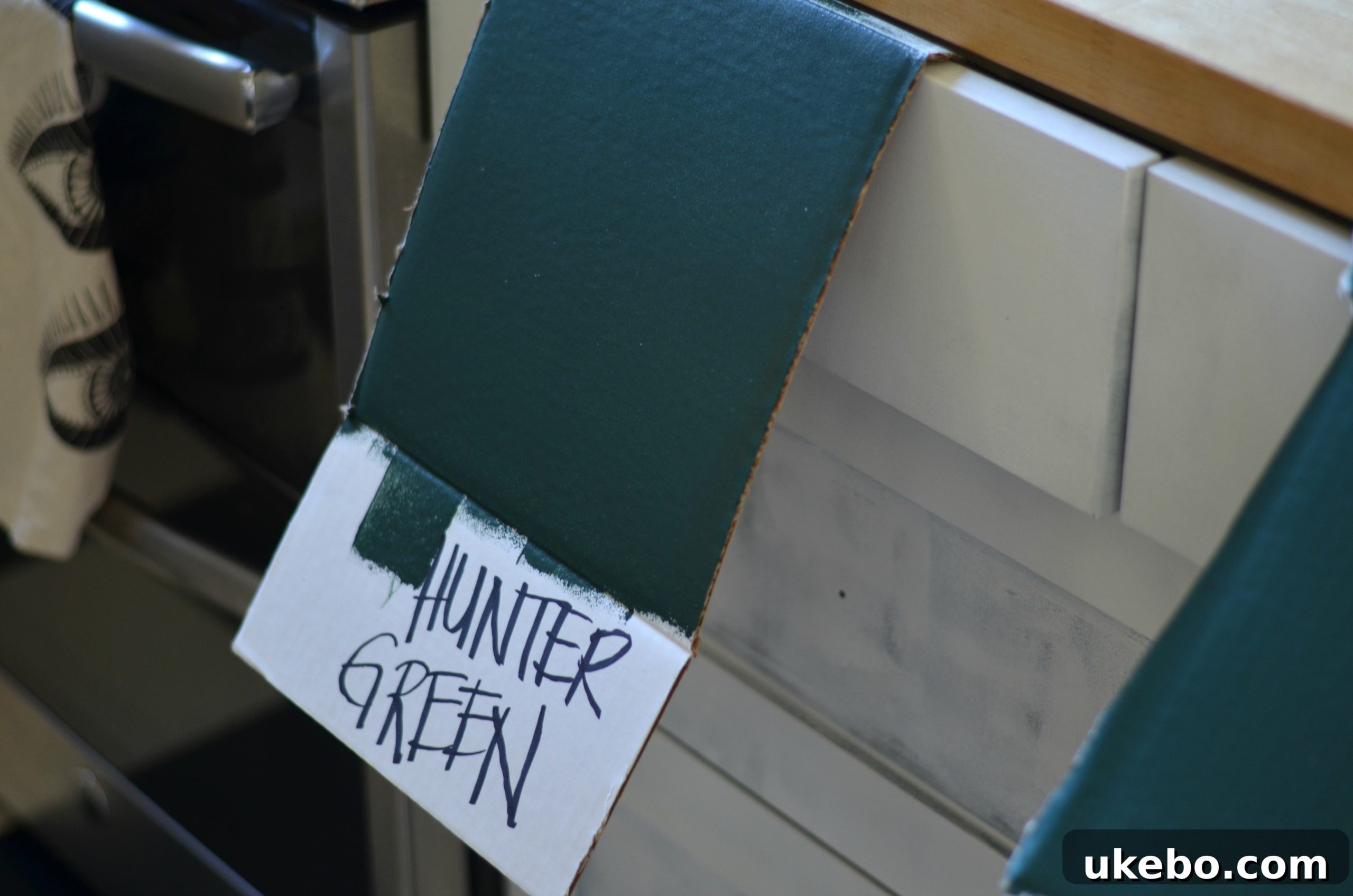 Kitchen cabinets painted in Benjamin Moore Hunter Green, complementing black hex tiles