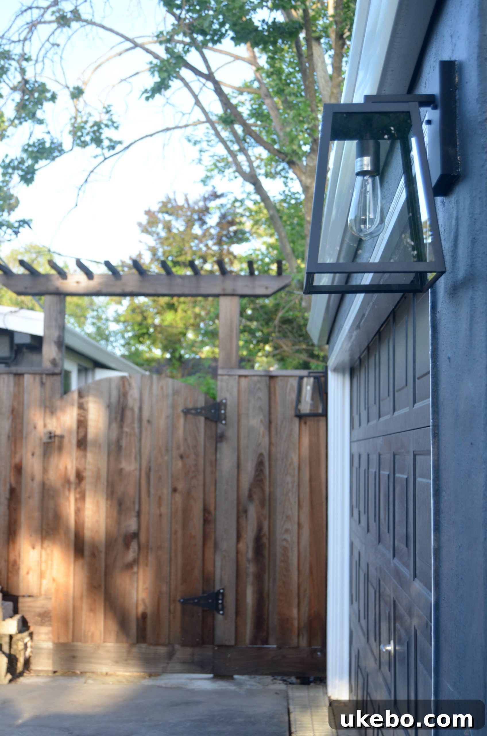 Installed Arrington garage light, close up of the sleek design