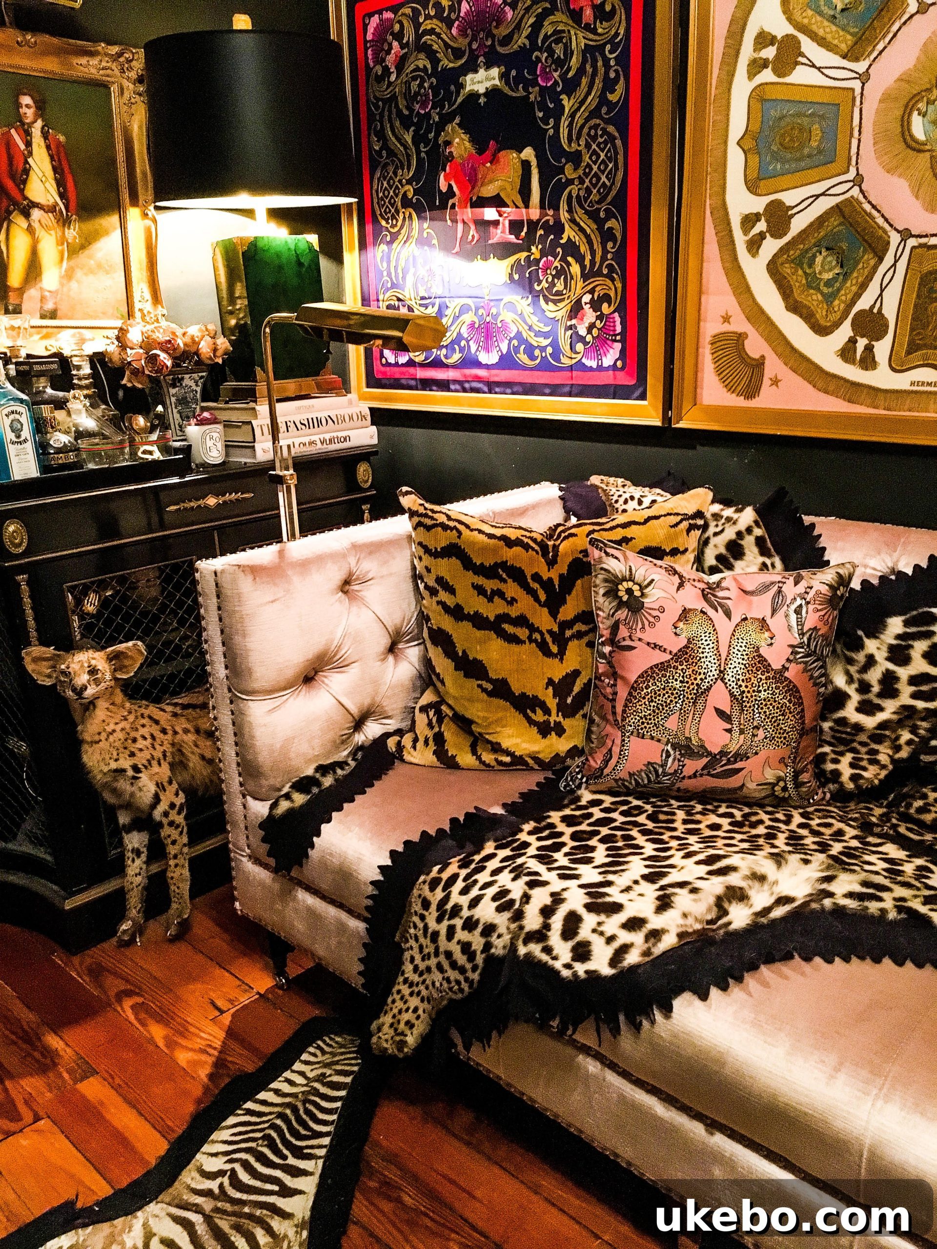 Another view of the elegant and bold living space, showcasing its layered design, intricate details, and the depth created by dark color schemes.