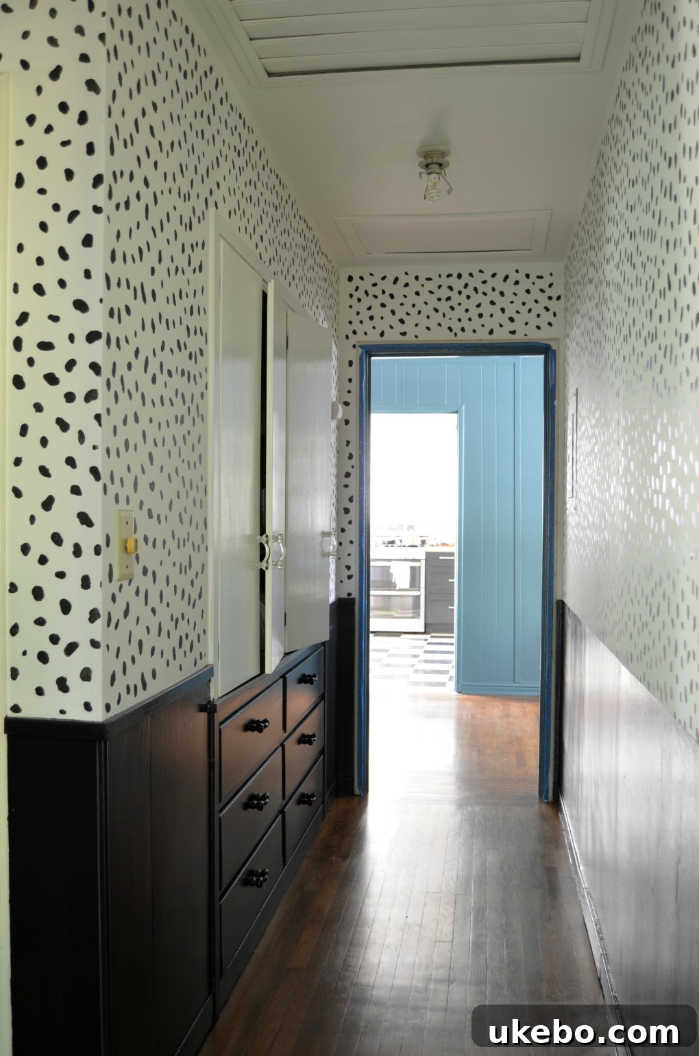 Brightened hallway with temporary design elements