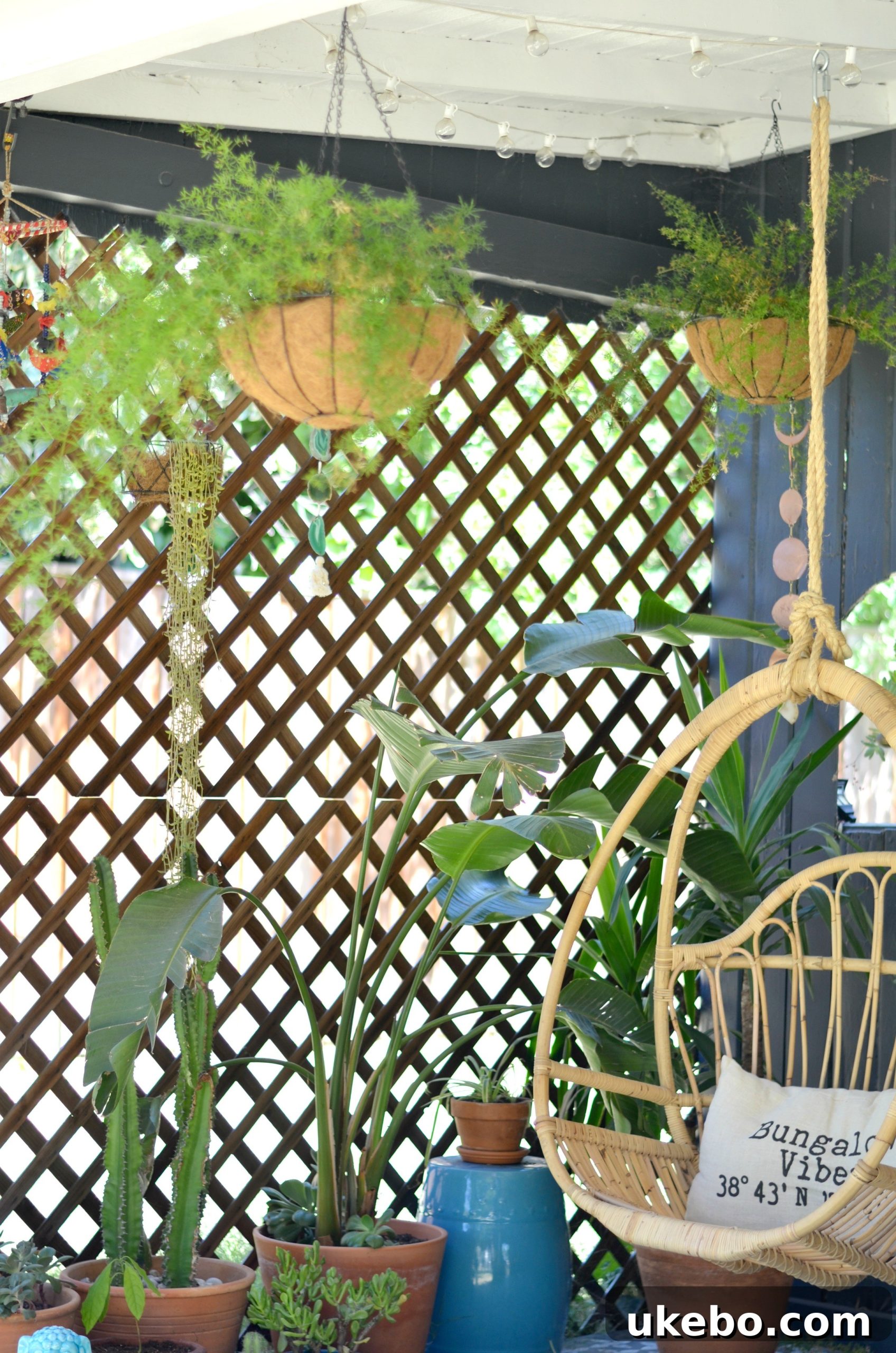 A beautifully decorated porch with a hanging chair and various plants, embodying a serene summer ambiance.