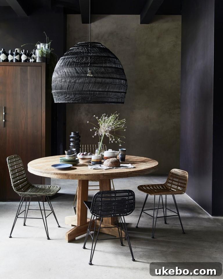 Bohemian dining space with a large wicker hanging lamp and natural textures.