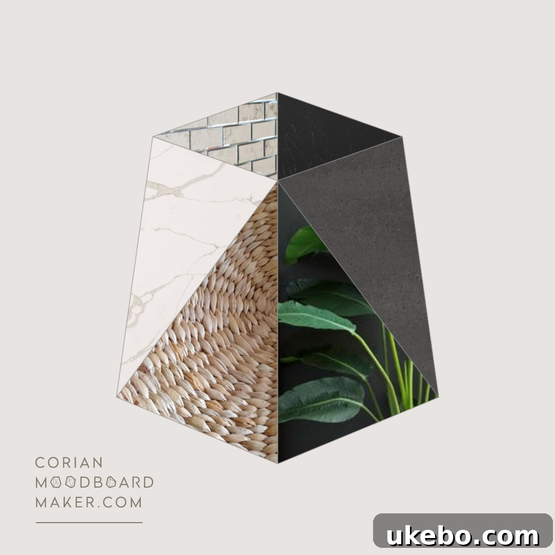 Completed Corian Moodboard for a bohemian dining space featuring Carbon Concrete, Portoro, and Calacatta Natura.