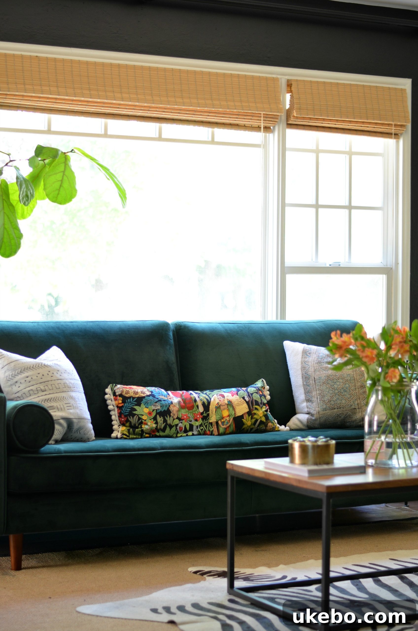 Detailed shot of the Feather velvet sofa with natural light