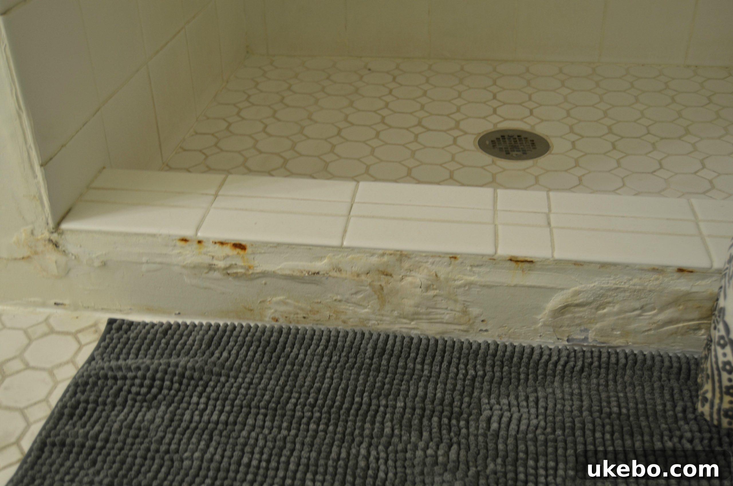 One Room Challenge Week 1 The Design Blueprint 11 Image showing incomplete shower tiling and evidence of water damage