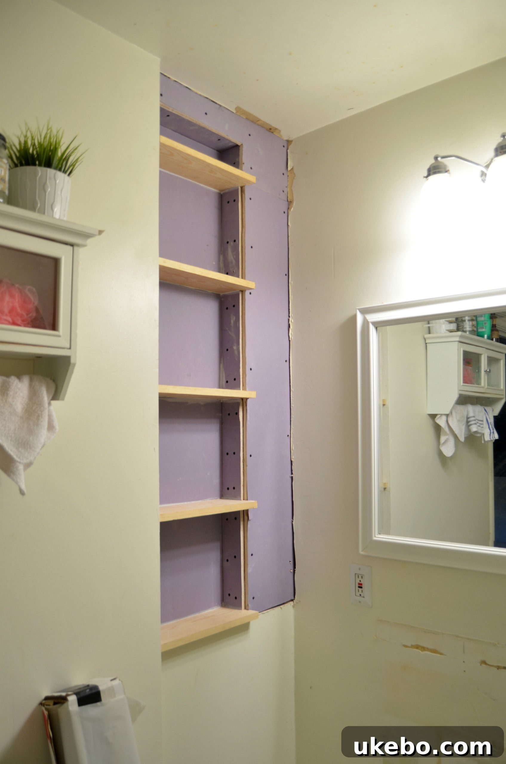 One Room Challenge Week 2: Demolition Day, Unexpected Hurdles, and Plan B 5 Building a corner storage niche in the bathroom renovation
