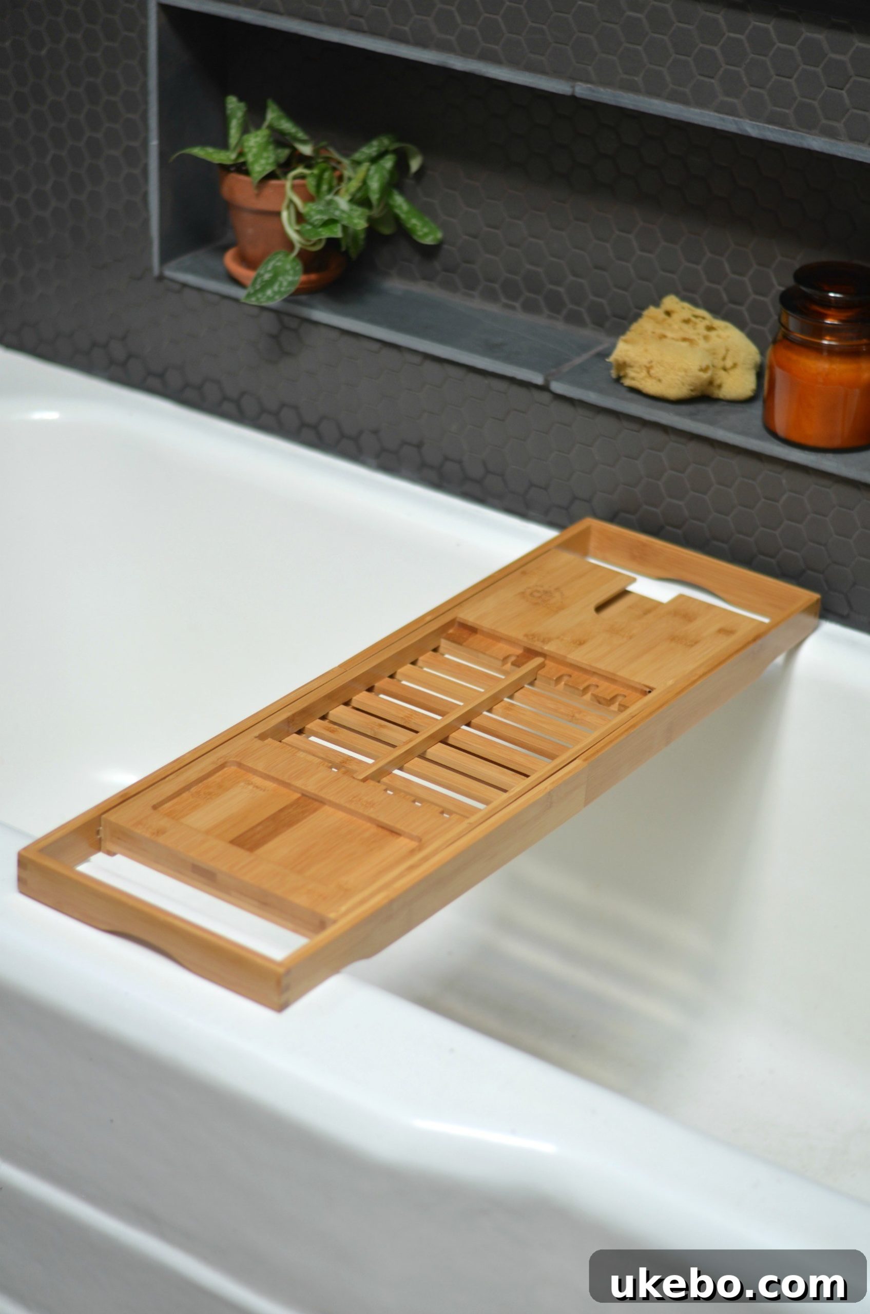 The Grand Reveal One Room Challenge Week 6 21 Bamboo bathtub caddy for luxurious bath experiences