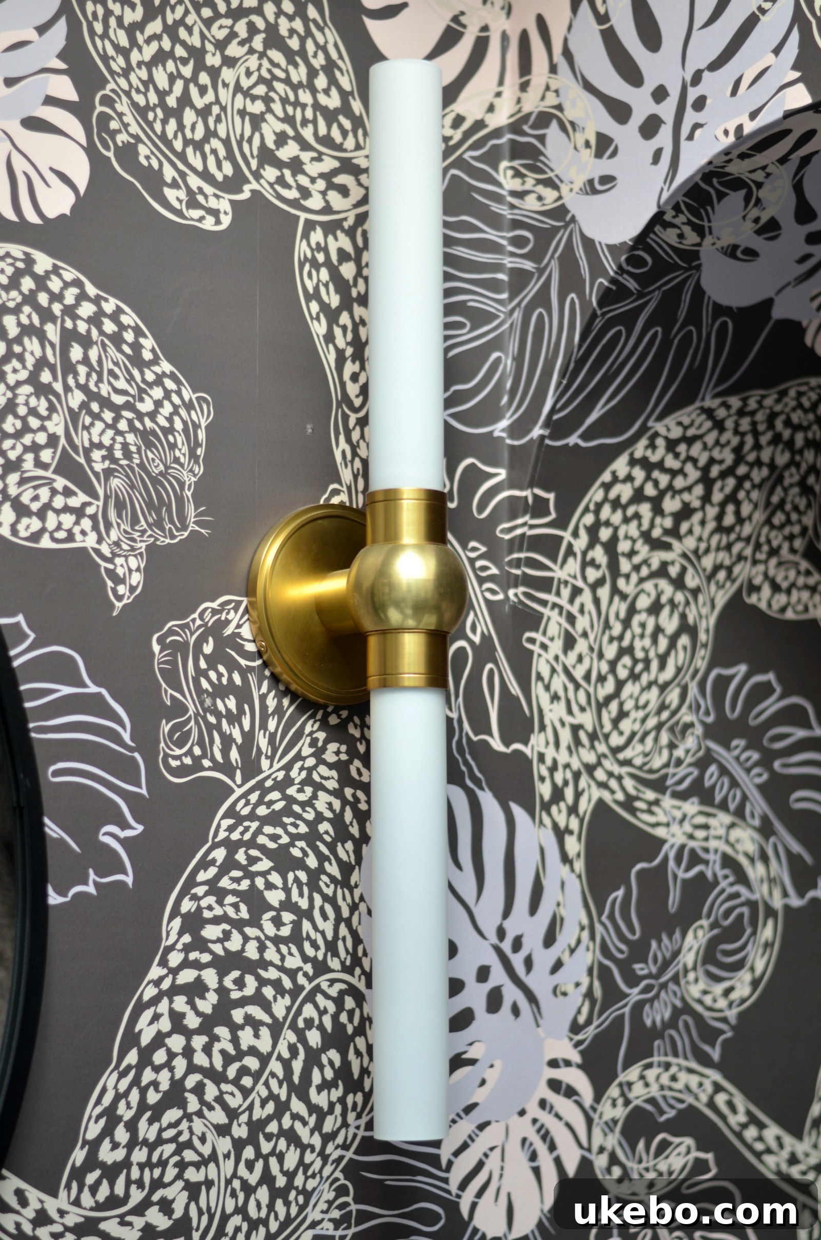 The Grand Reveal One Room Challenge Week 6 24 Close-up of the brass Cornwall sconce against the wallpaper